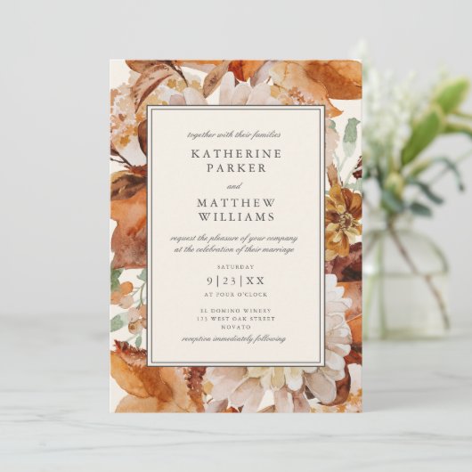 Elegante Herbstfarben-Blumenrahmen Hochzeit Einladung (Stehend Vorderseite)
