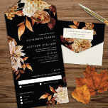 Elegante Herbstfarben Floral   Schwarze Hochzeit All In One Einladung<br><div class="desc">Dieses elegante All-in-One-Hochzeitsinklusiv-Design besticht durch wunderschöne,  im Herbst florale Aquarellbilder auf schwarzem Hintergrund mit klassischer Typografie. Die Innenseite der Karte enthält die Einladung und eine rsvp-Karte,  die abgelöst und per Post verschickt werden kann. Auf der Kartenrückseite befinden sich die Postanschrift und die Rücksendeadresse. Keine Notwendigkeit,  Umschläge zu bestellen!!</div>