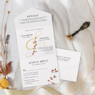 Elegante Herbstfoliage Gold-Et-Zeichen Hochzeit All In One Einladung