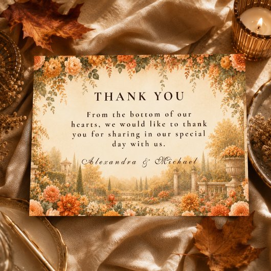 Elegante Herbstgartenhochzeit Dankeskarte