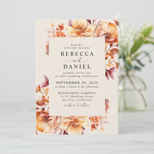 Elegante Herbsthochzeit Boho Wasserfarbenflora Hoc Einladung (Stehend Vorderseite)