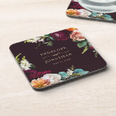 Elegante Herbsthochzeit Burgundy Floral Gold Scrip Getränkeuntersetzer (Linke Seite)