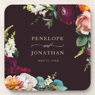 Elegante Herbsthochzeit Burgundy Floral Gold Scrip Getränkeuntersetzer