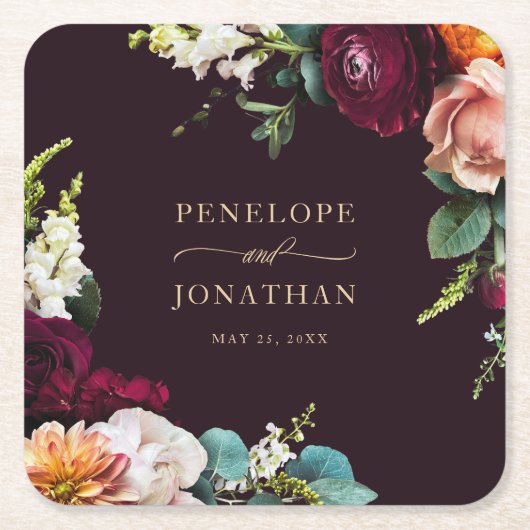 Elegante Herbsthochzeit Burgundy Floral Gold Scrip Rechteckiger Pappuntersetzer (Vorderseite)