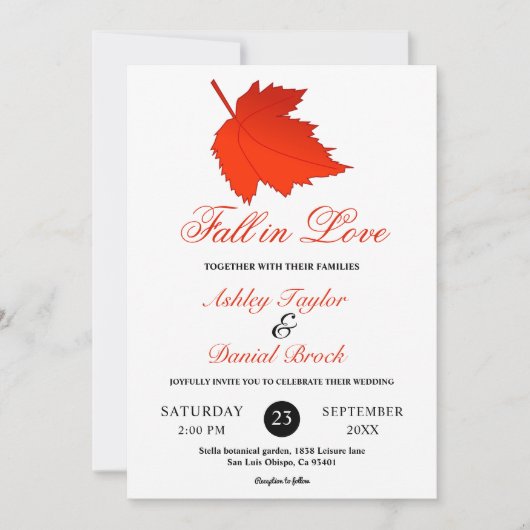 Elegante Herbsthochzeit Rote Blätter Boho Fall Flo Einladung (Vorderseite)