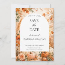Elegante Herbstkarte mit Kürbissen und Boho-Blumen