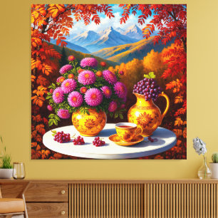 Elegante Herbstkulisse mit Blumen und Trauben Leinwanddruck