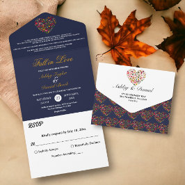 Elegante Herbstlaub Heart Navy Blue Floral Wedding All In One Einladung