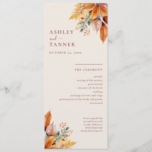 Elegante Herbstlaub Herbsthochzeit Programm (Vorderseite)