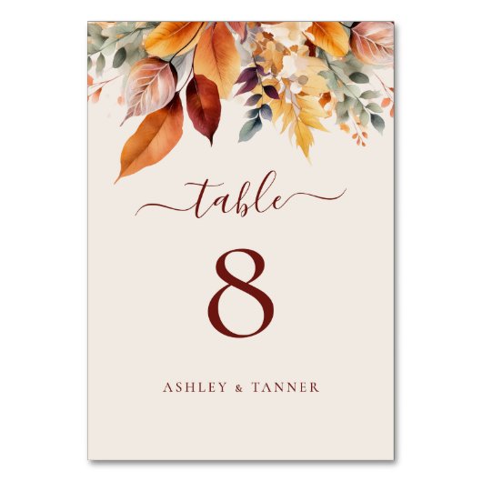 Elegante Herbstlaub Herbsthochzeit Tischnummer (Vorderseite)