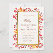 Elegante Herbstlaub Red Berries Gold Frame Wedding Einladung (Vorderseite)