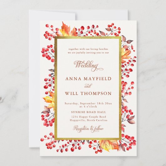 Elegante Herbstlaub Red Berries Gold Frame Wedding Einladung (Vorderseite)
