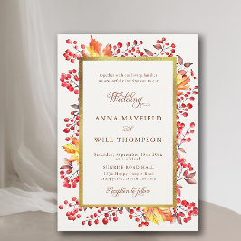 Elegante Herbstlaub Red Berries Gold Frame Wedding Einladung