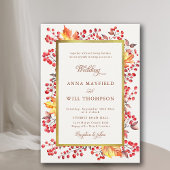 Elegante Herbstlaub Red Berries Gold Frame Wedding Einladung