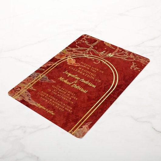 Elegante Herbstlaub Roter Golden Foil Folieneinladung (Gedreht)