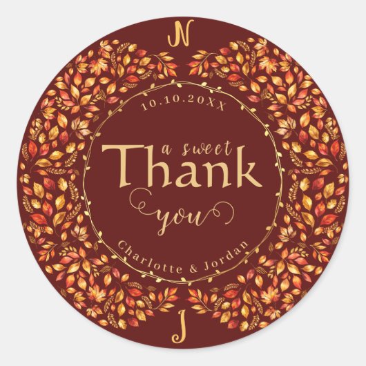 Elegante Herbstlaub Rustikale Terracotta Hochzeit Runder Aufkleber (Vorderseite)
