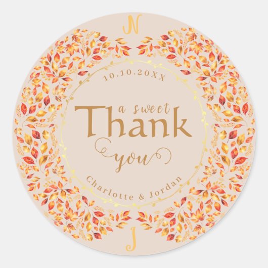 Elegante Herbstlaub Rustikale Terracotta Hochzeit Runder Aufkleber (Vorderseite)