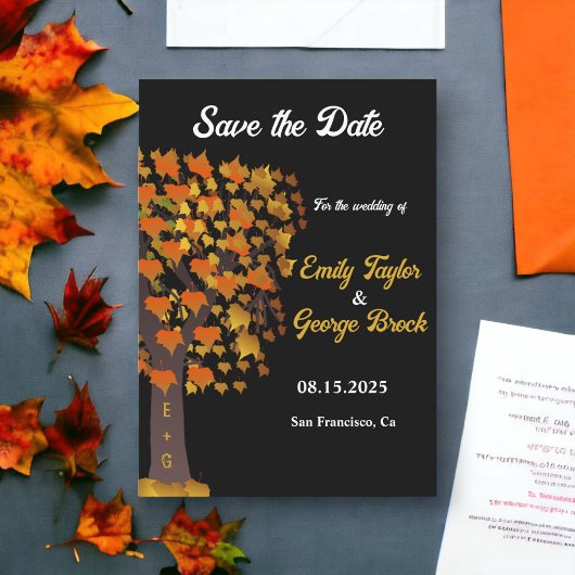 Elegante Herbstlaube Carved Tree Chic Black Weddin Save The Date