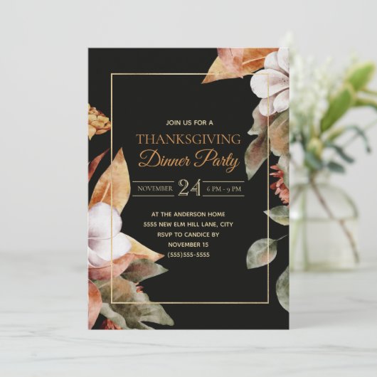 Elegante Herbstlaube Schwarzer Erntedank Abendesse Einladung (Stehend Vorderseite)
