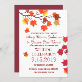 Elegante Herbstleaves Fall Burgund Hochzeitskarten Einladung