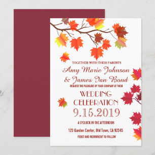 Elegante Herbstleaves Fall Burgund Hochzeitskarten Einladung