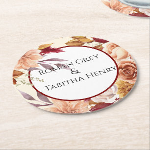 Elegante herbstliche Aquarell-Blumenhochzeit Runder Pappuntersetzer
