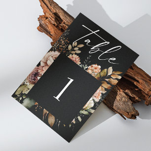 Elegante herbstliche Blumenehe Schwarze Boho Rom Tischnummer