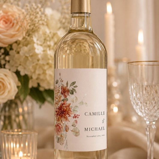 Elegante herbstliche Blumenhochzeit Weinetikett