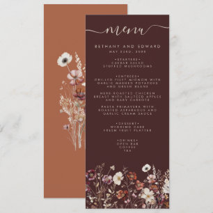 Elegante herbstliche braune Hochzeit mit Blumen Menükarte