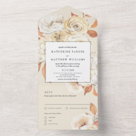 Elegante Herbstwasserfarbe Floral + Ecru Hochzeit All In One Einladung
