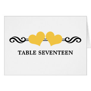 Elegante Herz-Tischnummer-Karte, gelb