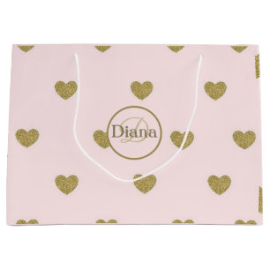 Elegante Herzen Rosa Monogramm Name Große Geschenktüte