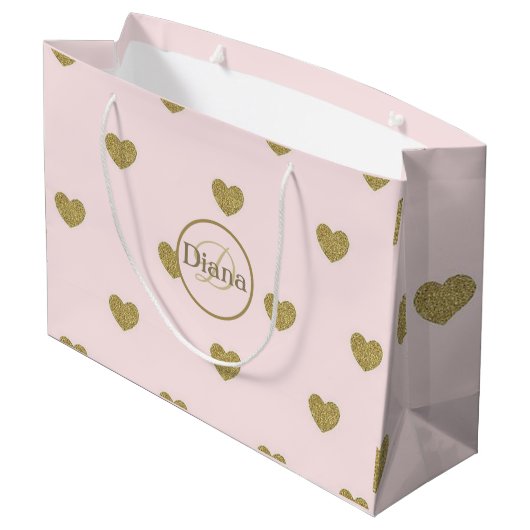 Elegante Herzen Rosa Monogramm Name Große Geschenktüte (Rückseite Schrägansicht)
