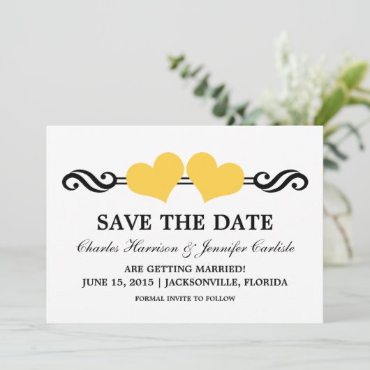 Elegante Herzen Save the Date einladen, gelb Einladung (Stehend Vorderseite)