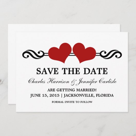 Elegante Herzen Save the Date einladen, Rot Einladung (Vorne/Hinten)
