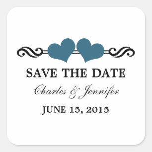 Elegante Herzen Save the Date Sticker, blau Quadratischer Aufkleber