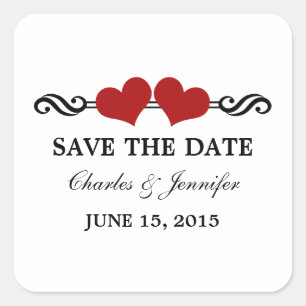 Elegante Herzen Save the Date Sticker, Rot Quadratischer Aufkleber