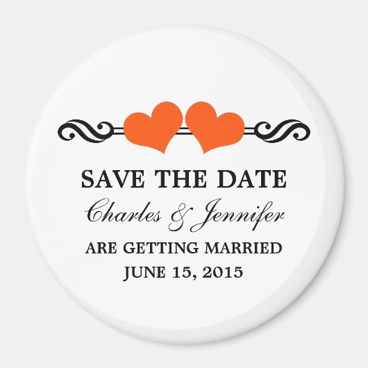 Elegante Herzen speichern das Datumsmagnet, Orange Magnet (Vorne)