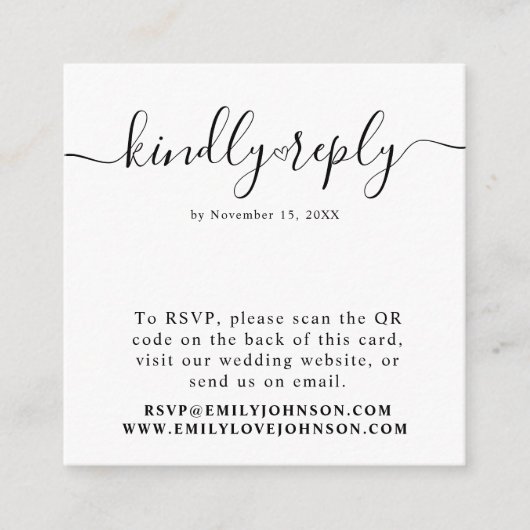 Elegante Herzkalligraphie QR Code Wedding RSVP Begleitkarte (Vorderseite)