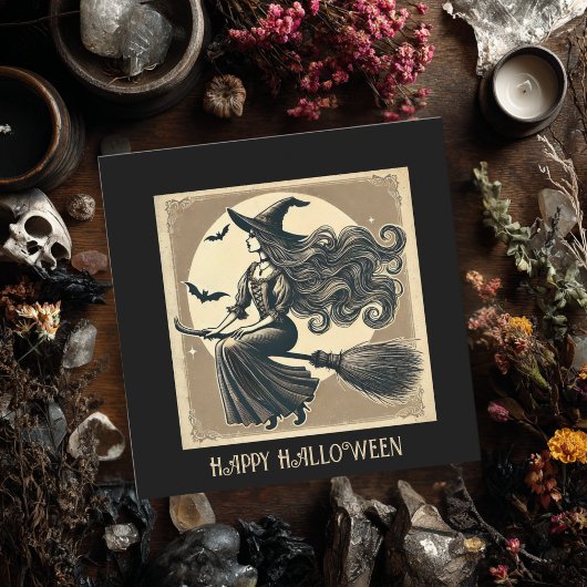 Elegante Hexe auf Broom Vintag Halloween Karte