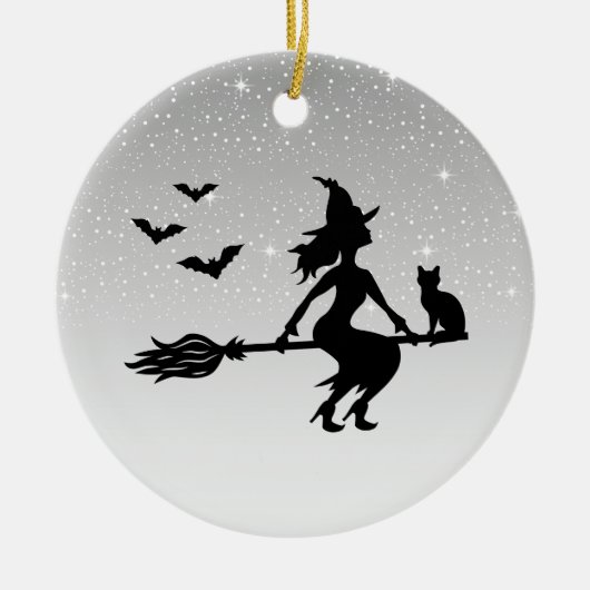 Elegante Hexe auf einem schwarzen und grauen Hallo Keramik Ornament (Vorne)