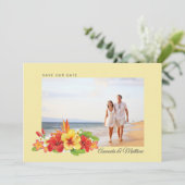 Elegante Hibiskus Tropical Floral Foto Hochzeit Save The Date (Stehend Vorderseite)