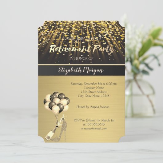 Elegante High Heel, Wein, Ballons, Ruhestand Party Einladung (Stehend Vorderseite)