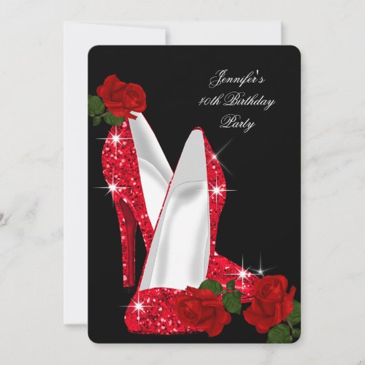 Elegante High Heels Rote Rose Black Birthday Party Einladung (Vorderseite)