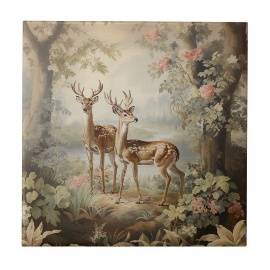 Elegante Hirsche Alte Wälder Fliese (Vorderseite)