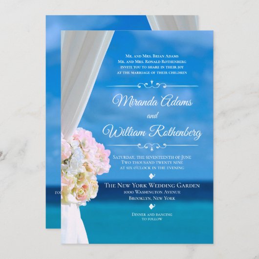 Elegante Hochzeit am Floral Ocean Beach Einladung (Vorne/Hinten)
