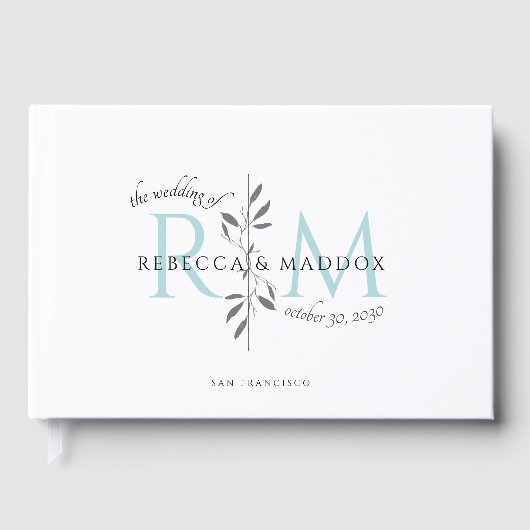 Elegante Hochzeit Aqua Botanisches Monogramm Gästebuch (Vorderseite)