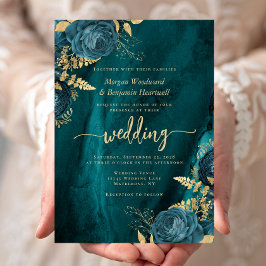 Elegante Hochzeit Aquamarin Blue Gold Floral Einladung
