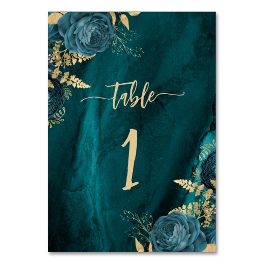 Elegante Hochzeit Aquamarin Blue Gold Floral Tischnummer (Vorderseite)