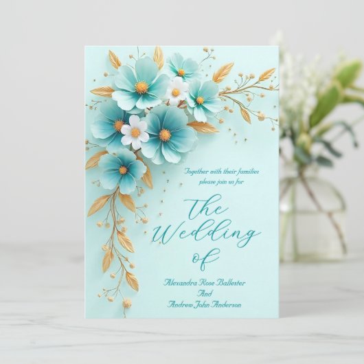 Elegante Hochzeit Aquamarin Blue White Gold Blume Einladung (Stehend Vorderseite)